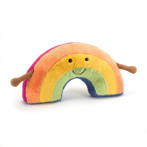 Plush rainbow-shaped stuffed toy with pastel rainbow colors