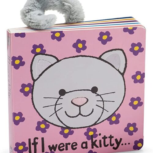 Children's book titled "If I Were a Kitty..." The cover is pink with purple flowers and features a picture of a gray cat face. The back of the book has a fluffy cat tail that rests on the top of the book.