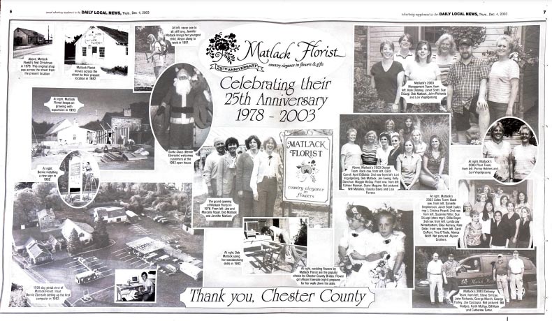 A scanned image of an insert from a local newspaper from 2003. The insert commemorates the 25th anniversary of Matlack florist, and features photos of the property and employees from that time.
