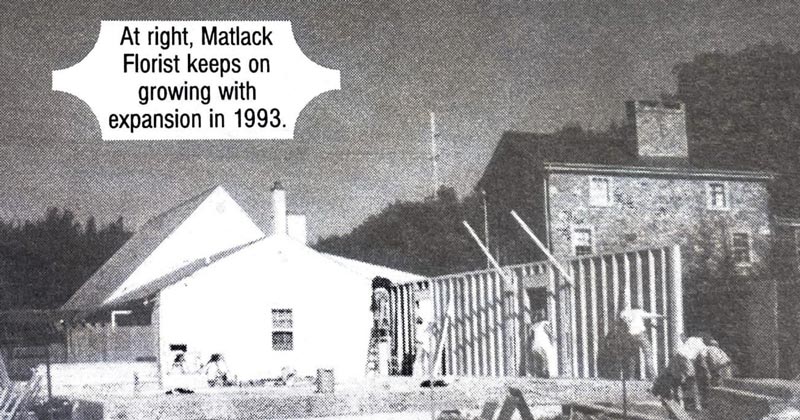 A grainy black and white image of a construction site between two buildings. There is a caption that says "at right, Matlack Florist keeps on growing with expansion in 1993."